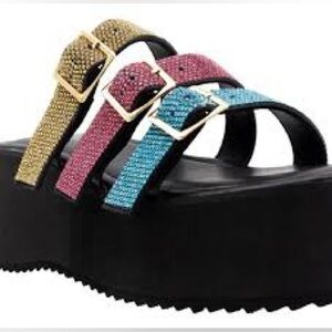 😎Cape Robbin Yellow, Coral & Teal Triple-Strap Platform Slide☀️BRAND NEW IN BOX